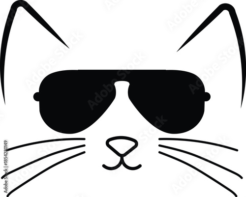 Cool Cat Face Minimalist Line Art Vector Illustration Wearing Aviator Sunglasses for Trendy Feline Graphics, Humorous Pet Apparel Design, and Stylish Animal Mascot Logos