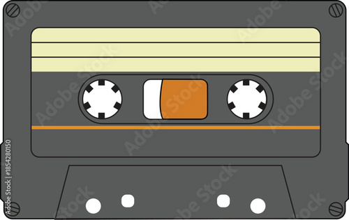 Detailed vector graphic of a classic grey analog cassette tape with orange and white accents, representing 1980s retro music culture, vintage audio recording, and nostalgic electronic media.
