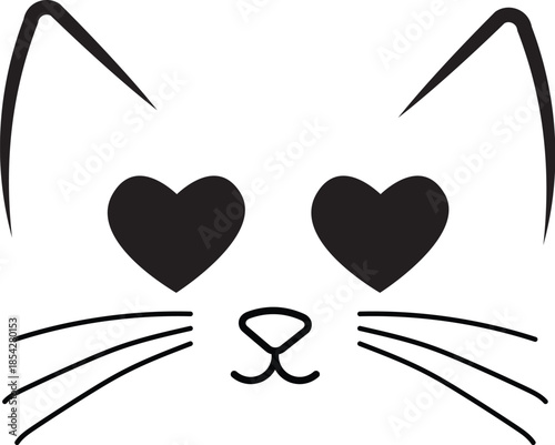 Cute cat face line art vector with heart-shaped eyes and whiskers, a charming minimalist illustration for pet lovers, Valentine's Day themes, animal-themed stickers, and sweet graphic designs.