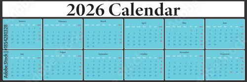 2026 calendar template. Corporate and business planner diary. Set of 12 months of pages. 2026 calendar template Monthly Calendar Planner Templates Vector mockup of a wall or desktop calendar organizer