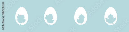Easter chick silhouettes in white eggs on blue background, spring chicken vector banner with copy space