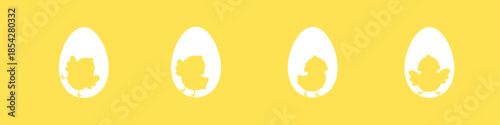 Easter chick silhouettes in white eggs on blue background, spring chicken vector banner with copy space