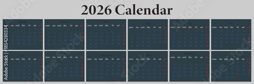 2026 year monthly office planner, calendar starts monday, two red weekends, white background. 2026 Year Simple Calendar Template with Space for Logo, Illustration or Photo. Week Starts on Sunday.