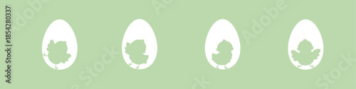 Easter chick silhouettes in white eggs on blue background, spring chicken vector banner with copy space
