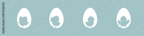 Easter chick silhouettes in white eggs on blue background, spring chicken vector banner with copy space