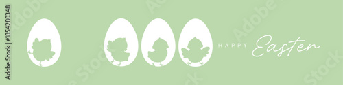 Easter chick silhouettes in white eggs on blue background, spring chicken vector banner with copy space