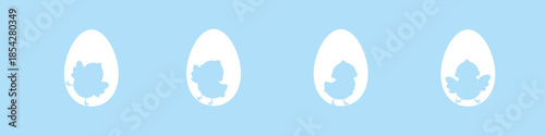 Easter chick silhouettes in white eggs on blue background, spring chicken vector banner with copy space