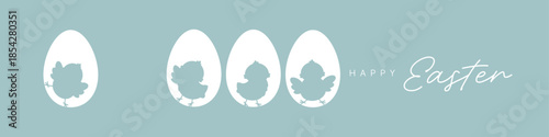 Easter chick silhouettes in white eggs on blue background, spring chicken vector banner with copy space