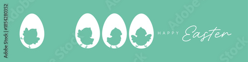 Easter chick silhouettes in white eggs on blue background, spring chicken vector banner with copy space