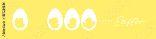 Easter chick silhouettes in white eggs on blue background, spring chicken vector banner with copy space