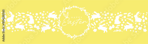 Easter horizontal banner with white bunny silhouettes, flowers and eggs on light colour pastel background, spring holiday vector with happy easter text