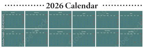 2026 calendar template. Corporate and business planner diary. Set of 12 months of pages. 2026 calendar template Monthly Calendar Planner Templates Vector mockup of a wall or desktop calendar organizer