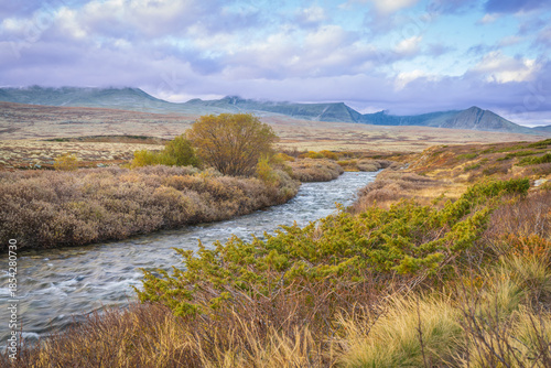 Winding river through autumn tundra in Rondane National Park