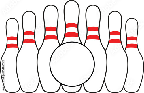 Bowling pins with circular blank frame vector illustration, tenpin sport game equipment with logo space isolated on white background, badge template for bowling club, team, and competitions.