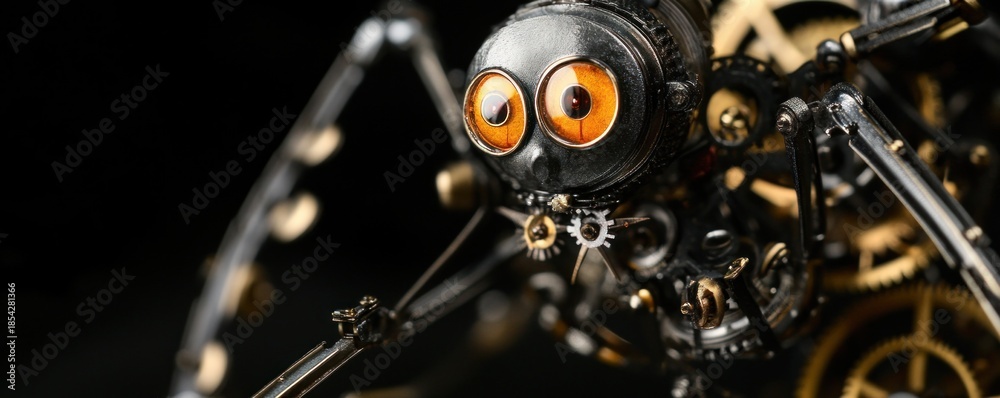 Fototapeta premium Steampunk spider robot close-up, dark background, gears visible. Sci-fi art