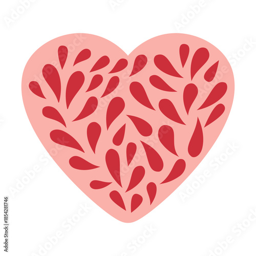 Soft pink heart filled with red teardrop shapes, modern abstract love symbol vector, transparent background