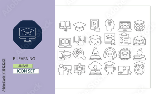 E learning icon set depicting digital education and online learning concepts