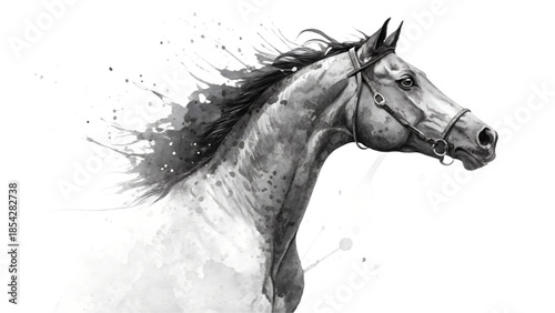 Black and white watercolor illustration of a horse head with expressive brushstrokes and ink splashes