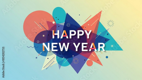 Happy New Year Greeting Text with Abstract Geometric Shapes Design on Gradient Background