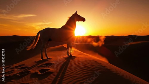 Majestic Horse Silhouette at Sunset - A Desert Dreamscape.