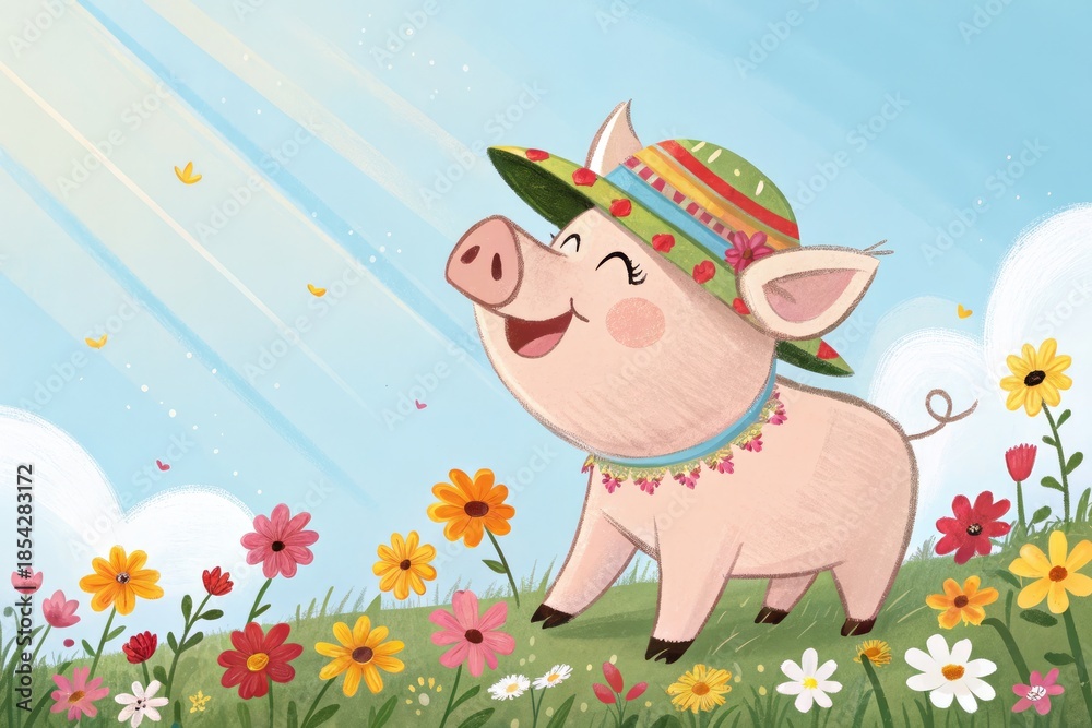 Naklejka premium Pig Wearing a Hat Stands in a Field of Flowers Under the Sun