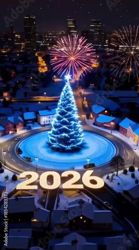 Christmas tree illuminated with fireworks in winter night 2026  