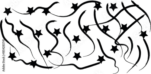 Abstract design of stars and wavy lines in black on white background