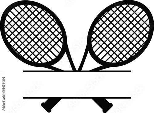 Crossed Tennis Rackets Silhouette with Blank Name Plate Bar, Sports Equipment Frame for Custom Text, Athlete Trophy Design Element, Tournament Logo Template, Tennis Club Graphic Illustration.