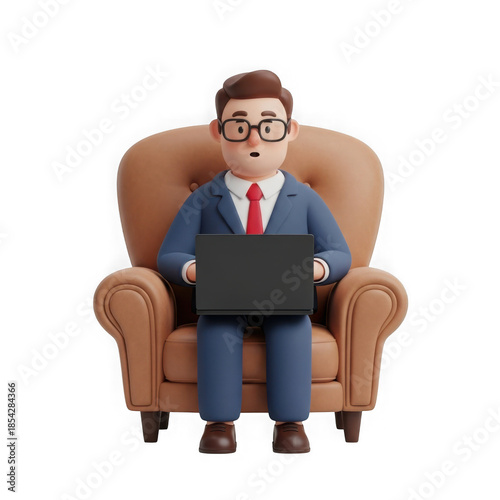Businessman working on laptop isolated on transparent background