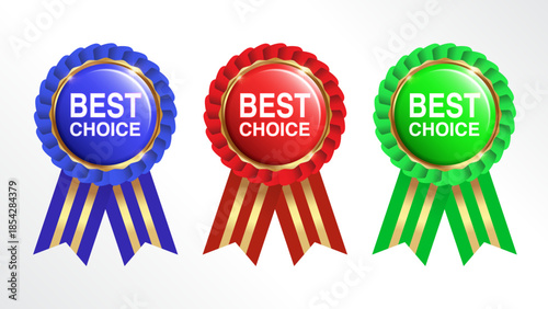 Best Choice Award Ribbon Badges Set – Colorful Blue, Red and Green Grosgrain Rosette Labels with Gold Trim, Quality Seal and Winner Certification Design