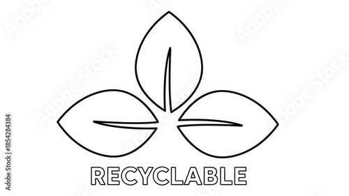 Simple black and white design featuring a leaf symbol and the word recyclable below it