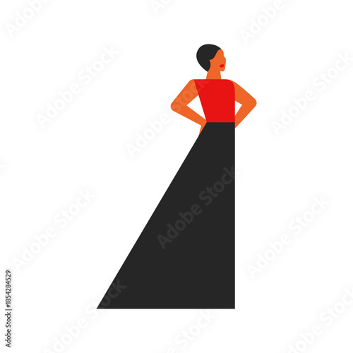 african american woman with short haircut in red black long dress with hands on hip. Silhouette of strong and confident female figure on white background. vector illustration