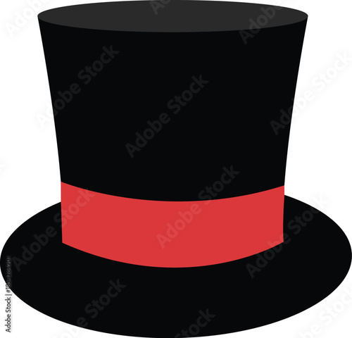 Black top hat with red ribbon vector illustration isolated on white background. Classic magician or gentleman headwear icon for magic shows, formal events, circus, and costume party graphic design.