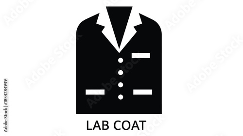 Simple black and white depiction of a lab coat with a pocket and buttons displayed