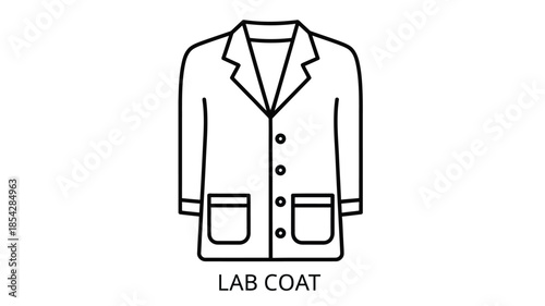 Simple line drawing of a white lab coat with visible pockets and collar detail