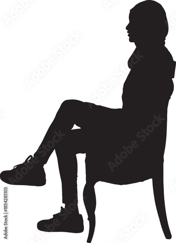 vector,side view of a silhouette of a woman sitting on chair with her head covered and casual clothes,cross legged