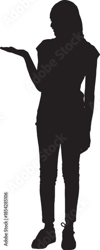 vector, silhouette of woman dressed in casual clothing looking her palm hand