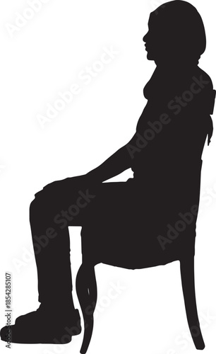 vector,side view of a silhouette of a woman sitting on chair with her head covered and casual clothes,