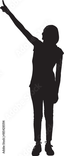 vector,side view of a silhouette of a woman standing  with her head covered and casual clothes, pointing up
