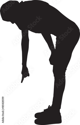 vector,side view of a silhouette of a woman standing  with her head covered and casual clothes, pointing down