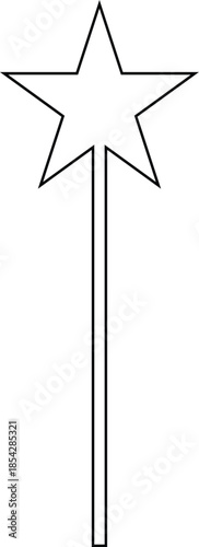 Simple black and white line art illustration of a magic wand with a five-pointed star on top, minimalist vector icon for fairy tales, wizardry, fantasy concepts, and magical achievement isolated.