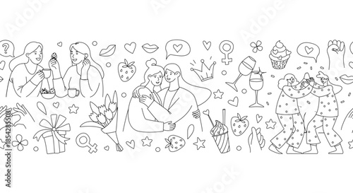 Galentines Day Seamless Border Frame Pattern, Women Friendship Line Art Vector Illustration