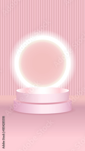Glowing pink podium with neon circle on striped background