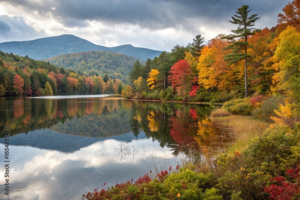 Fototapeta premium Autumn Landscape With Colorful Trees and Calm Lake at Sunset