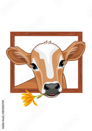 Cute peeking calf in wooden frame