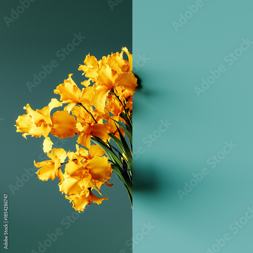 Yellow gladiolus flower on turquoise background with copy space. Spring concept design. 3D Rendering, 3D Illustration