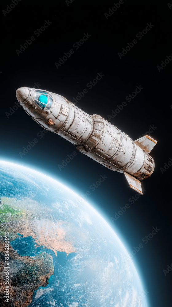 Fototapeta premium Futuristic spaceship orbiting earth with glowing atmosphere in outer space