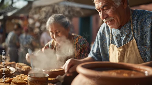 Smiling senior woman serving ponche. Traditional Mexican street food stall with buñuelos. Warm atmosphere, cultural experience, delicious treats. Authentic market scene, elderly couple.