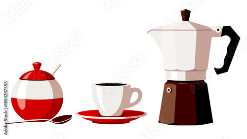 A Classic Coffee Maker, Cup, and Sugar Bowl on a White Background