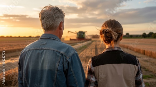 Rear view of two farmers watching combine harvester at sunset